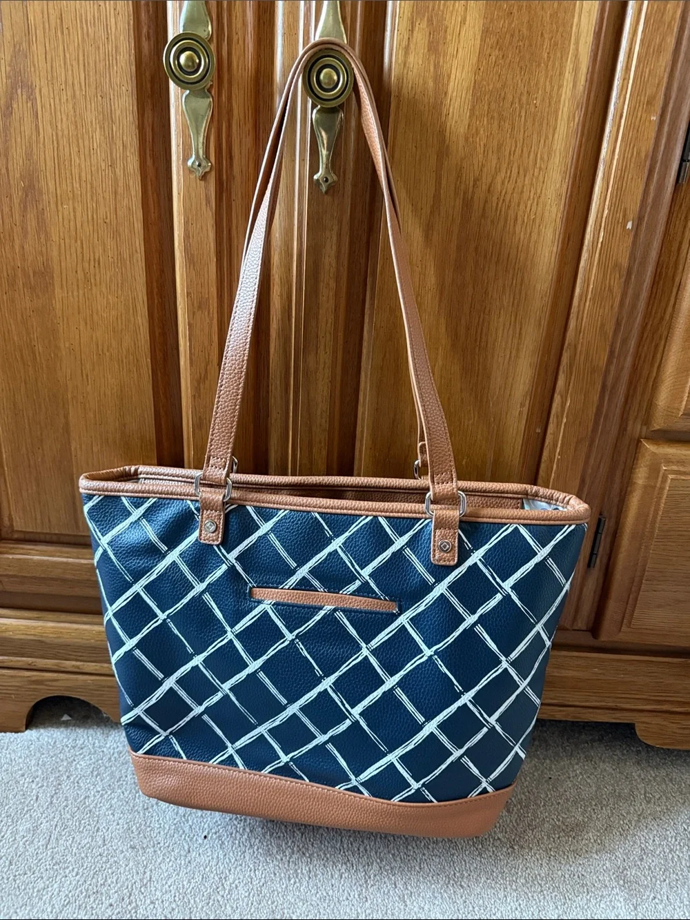 Navy & Tan Tote Bag with Lattice Pattern